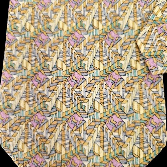 Marja Kurki Silk Tie Geometric Pattern Violet Aqua Tan Lime Green 4" W Vintage - Picture 2 of 5